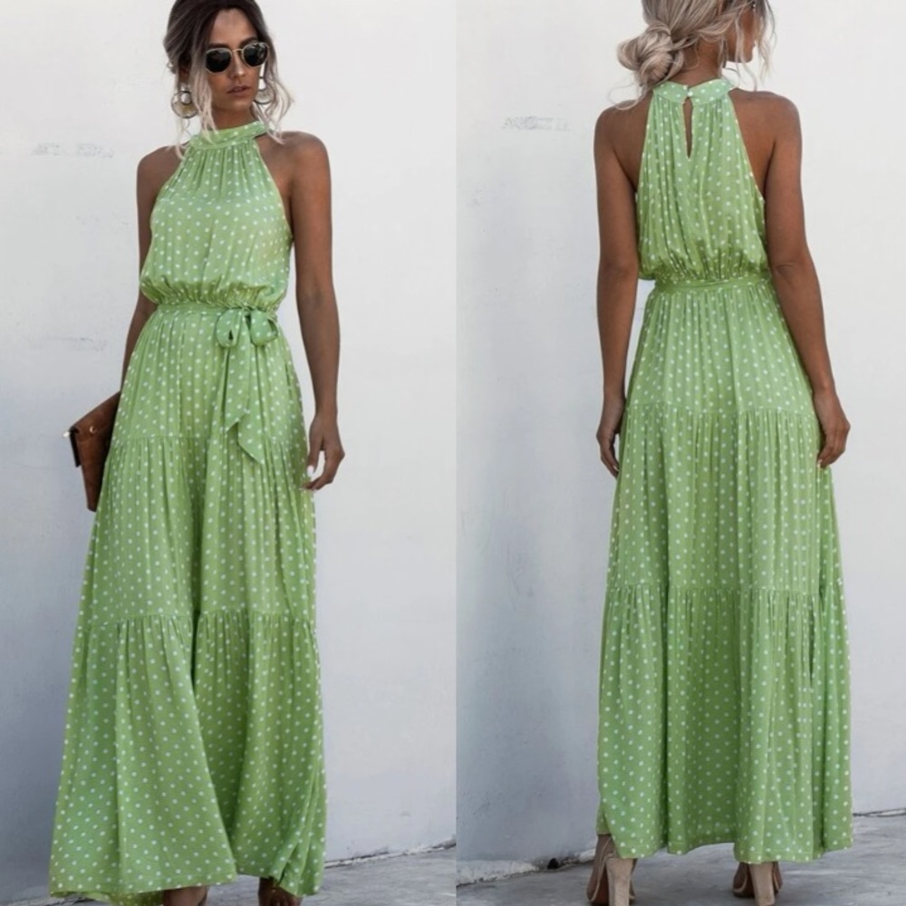 Boho green halter dot belted maxi dress - Picture 2 of 7